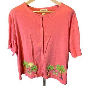 Bechamel Pink Embroidered Tropical Button Short Sleeved Knit Cardigan Top Sz XL